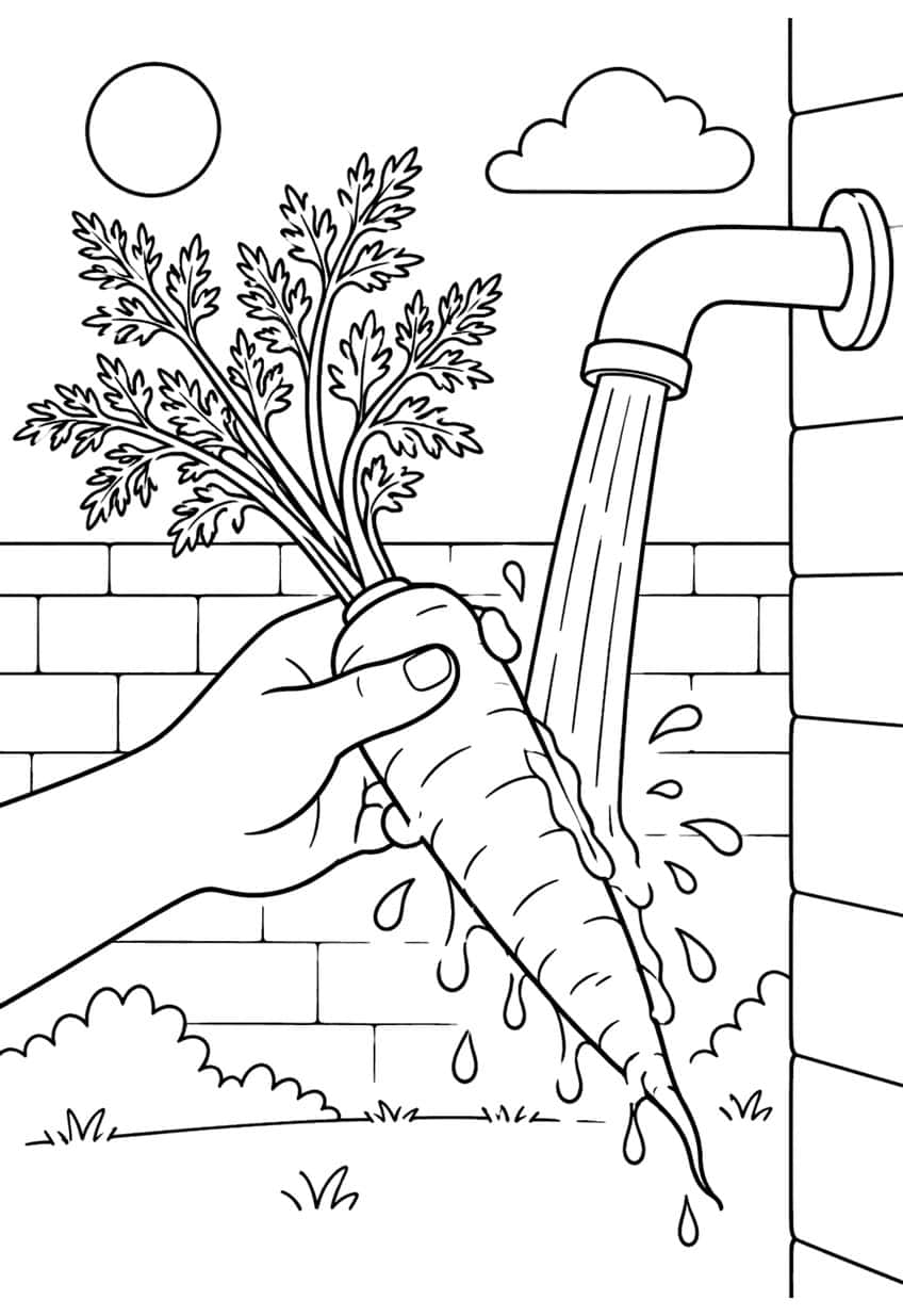 Hand rinsing a leafy carrot under an outdoor water spout by a brick wall