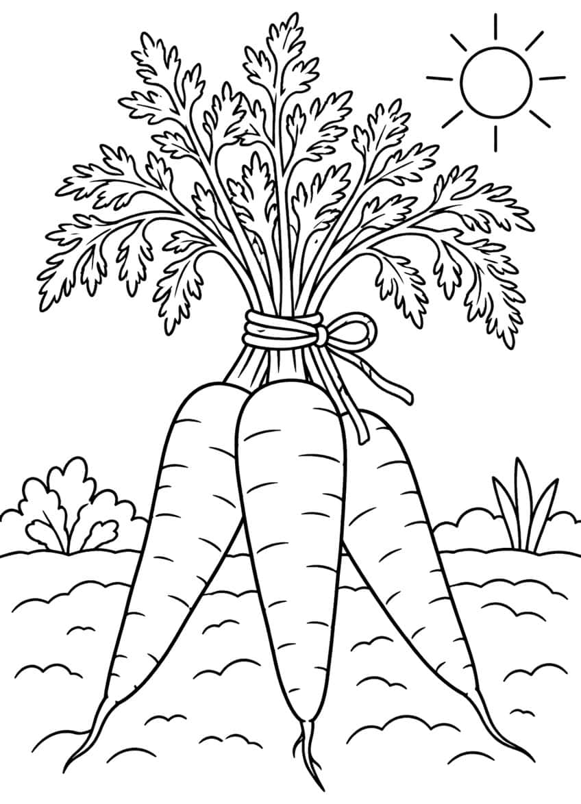 Three carrots bundled with a twine bow, sun and bushes in background