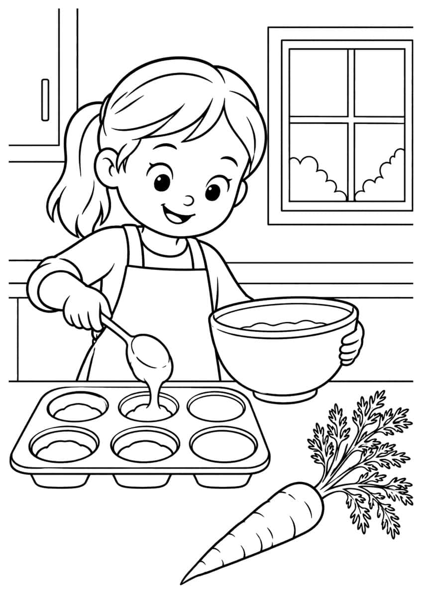 Girl in apron pouring batter into muffin tin with bowl and carrot nearby