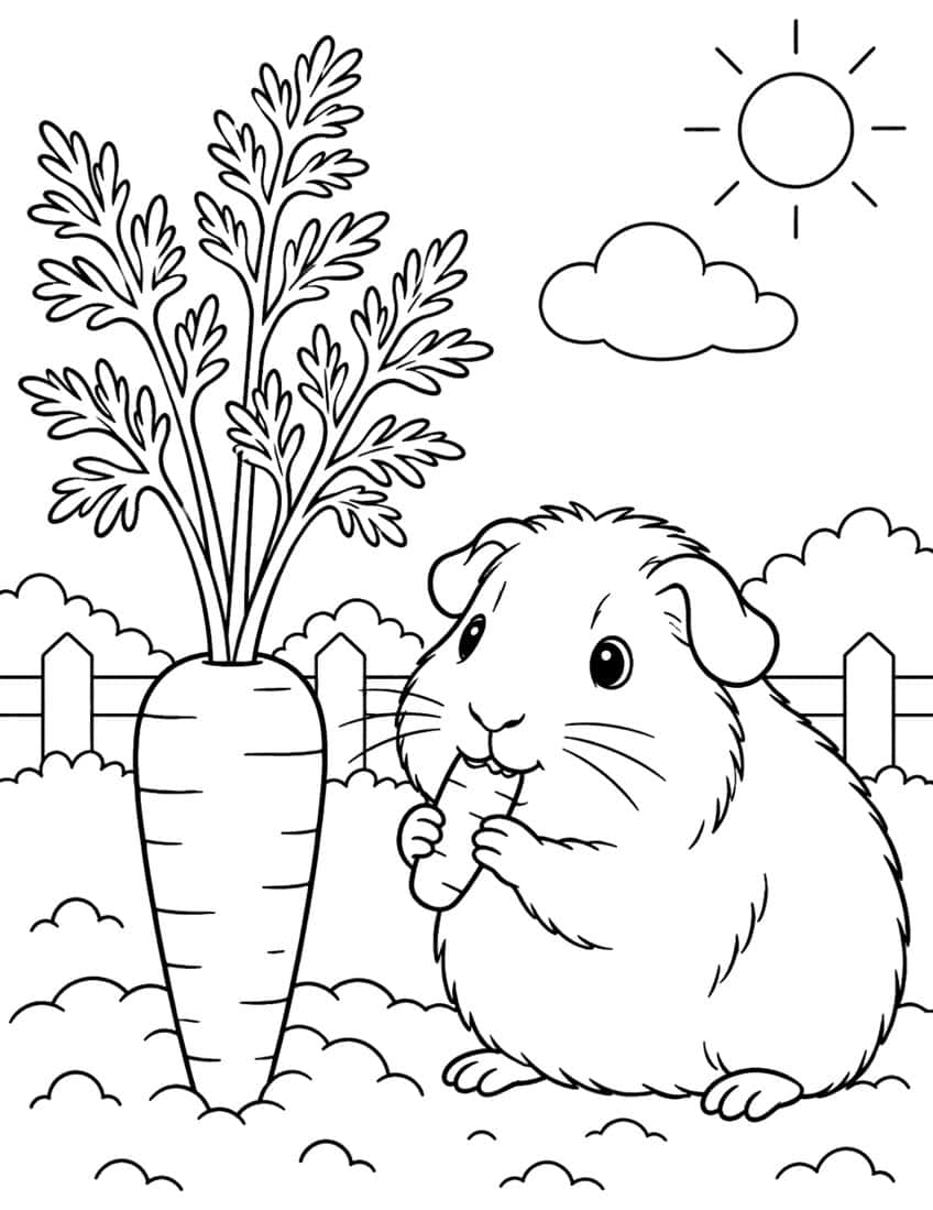 Guinea pig eating a carrot piece next to a large planted carrot