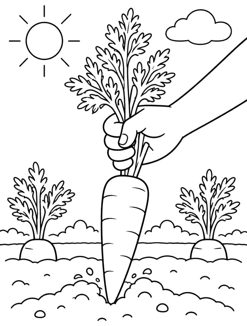 Hand pulling a carrot out of the ground with two more carrots growing nearby