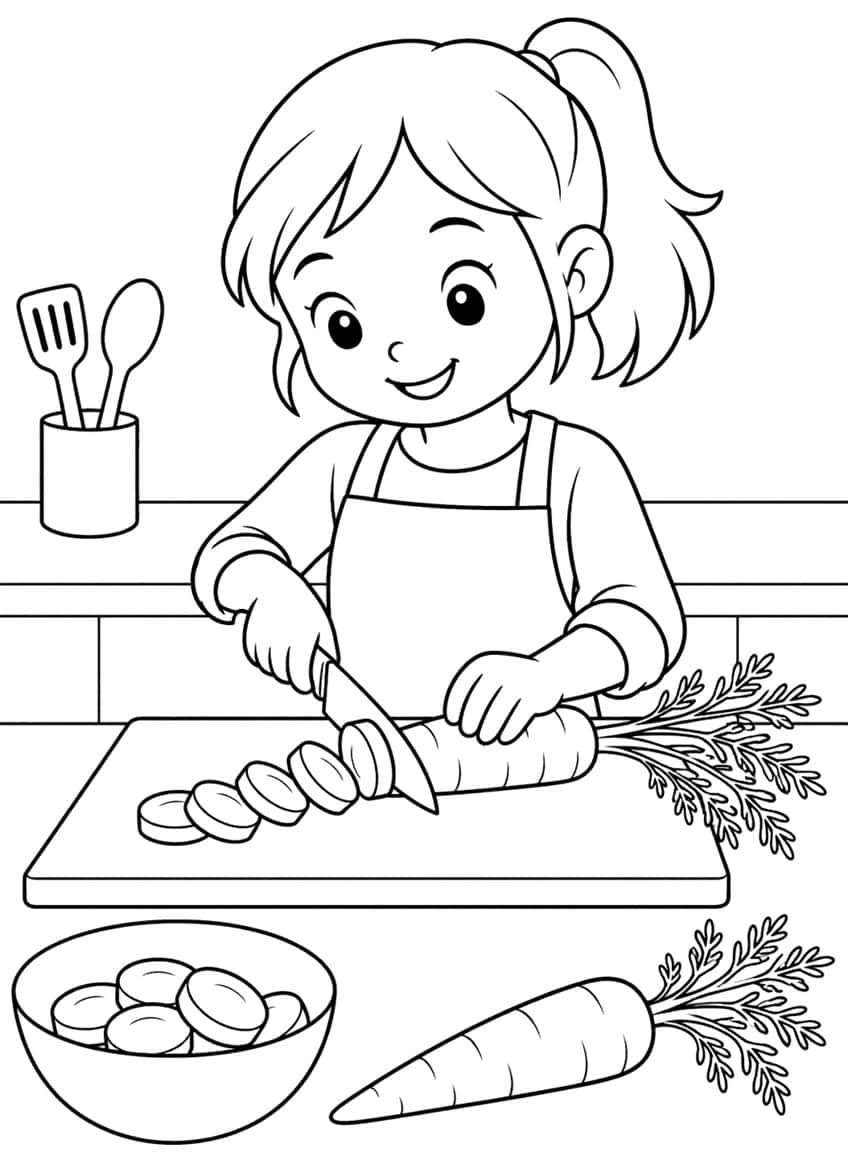 Girl in apron cutting a carrot into rounds on a cutting board, bowl of slices nearby