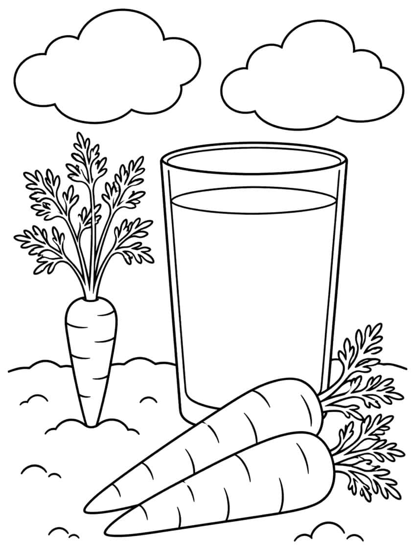 Glass of carrot juice, a planted carrot and two loose carrots under clouds