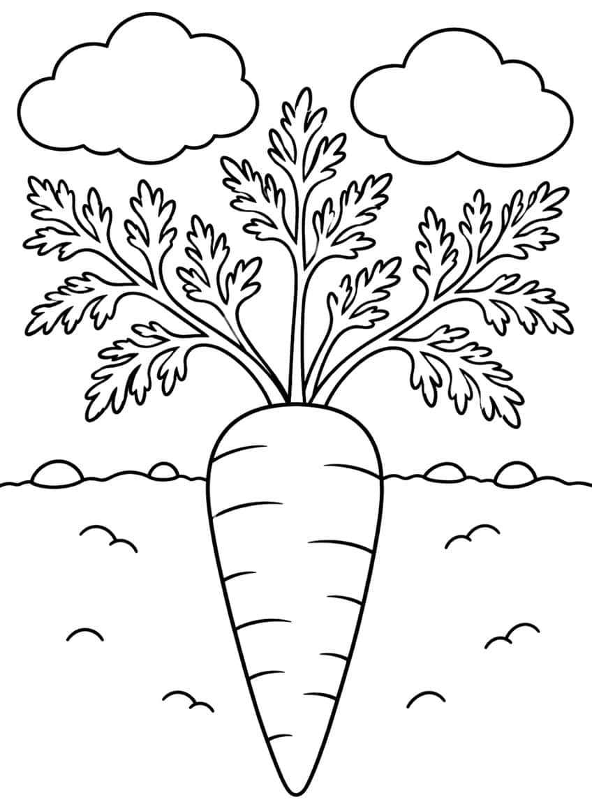 Large carrot with leafy top, underground soil, stones, worms, and clouds
