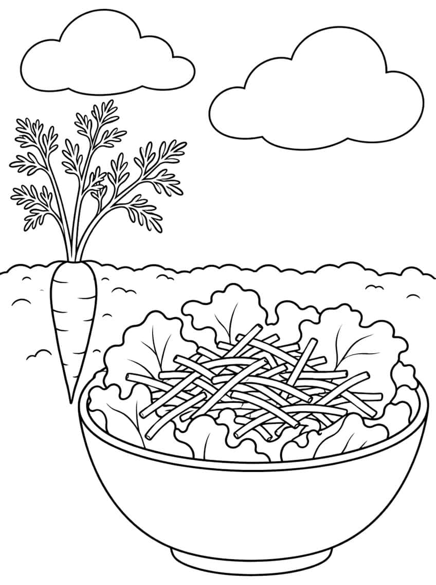 Salad bowl with lettuce and shredded carrot next to a growing carrot and clouds