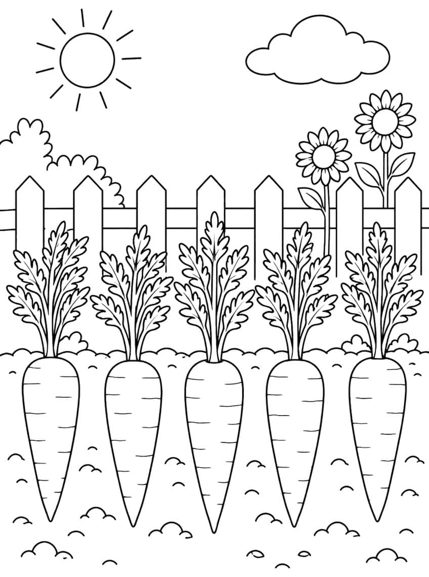 Five carrots growing along a picket fence with sunflowers, sun and cloud