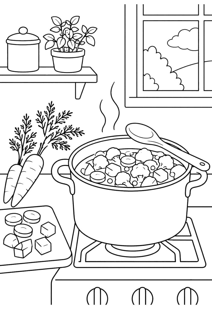 Soup pot on stove with carrots and broccoli, cutting board, window