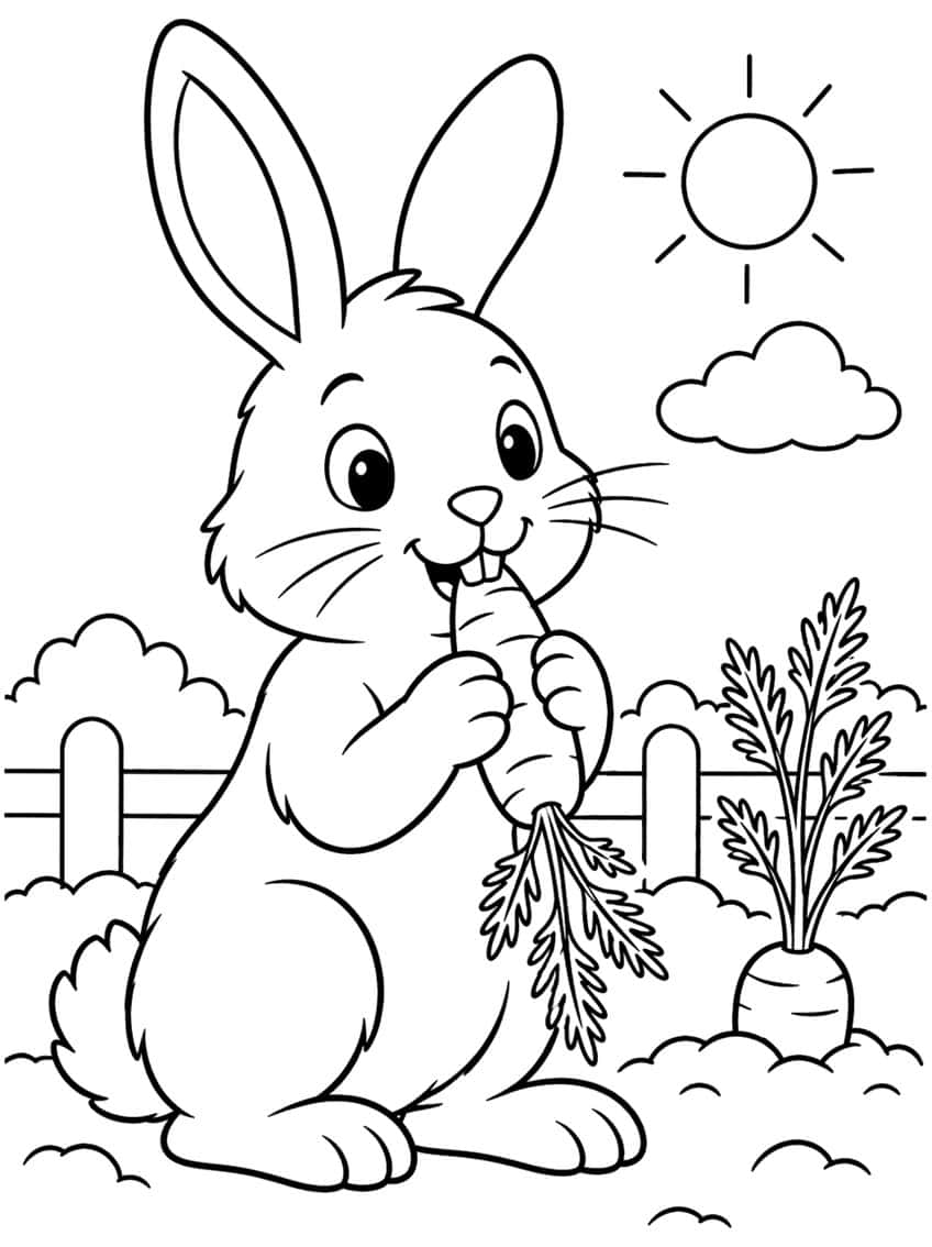 Rabbit biting a carrot held in both paws, fence, sun, cloud, second carrot