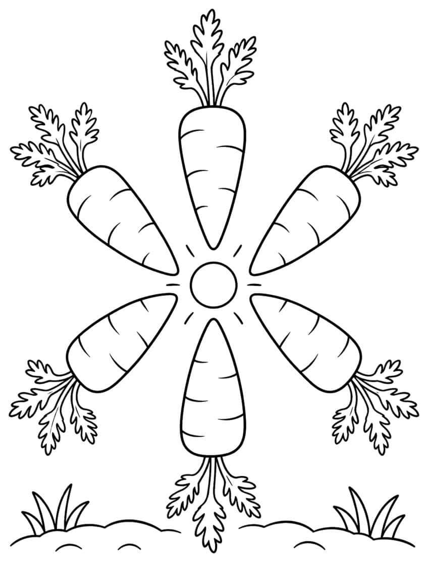 Six carrots arranged in a circle around a small central sun, grass below