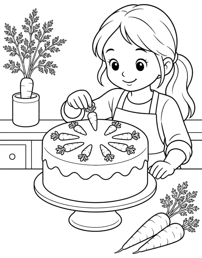 Girl adding icing carrot decorations to a round cake on a cake stand