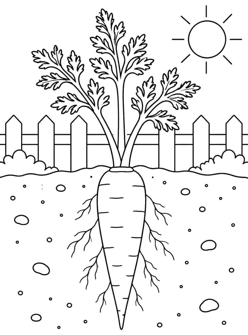 Carrot coloring page with root hairs, soil pebbles, picket fence and sun