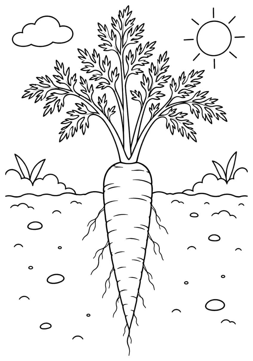 Carrot with leafy top above ground and long root below, sun, cloud, pebbles