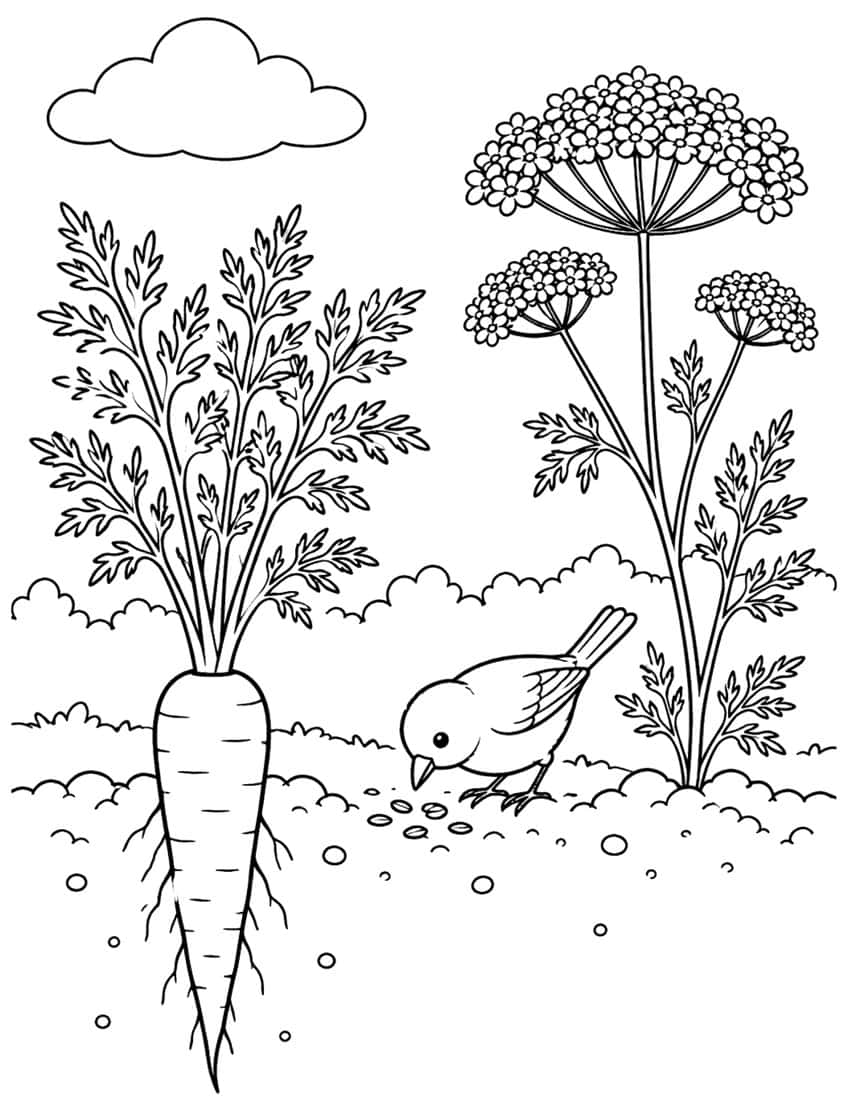 Bird pecking seeds beside a carrot and flowering carrot plant