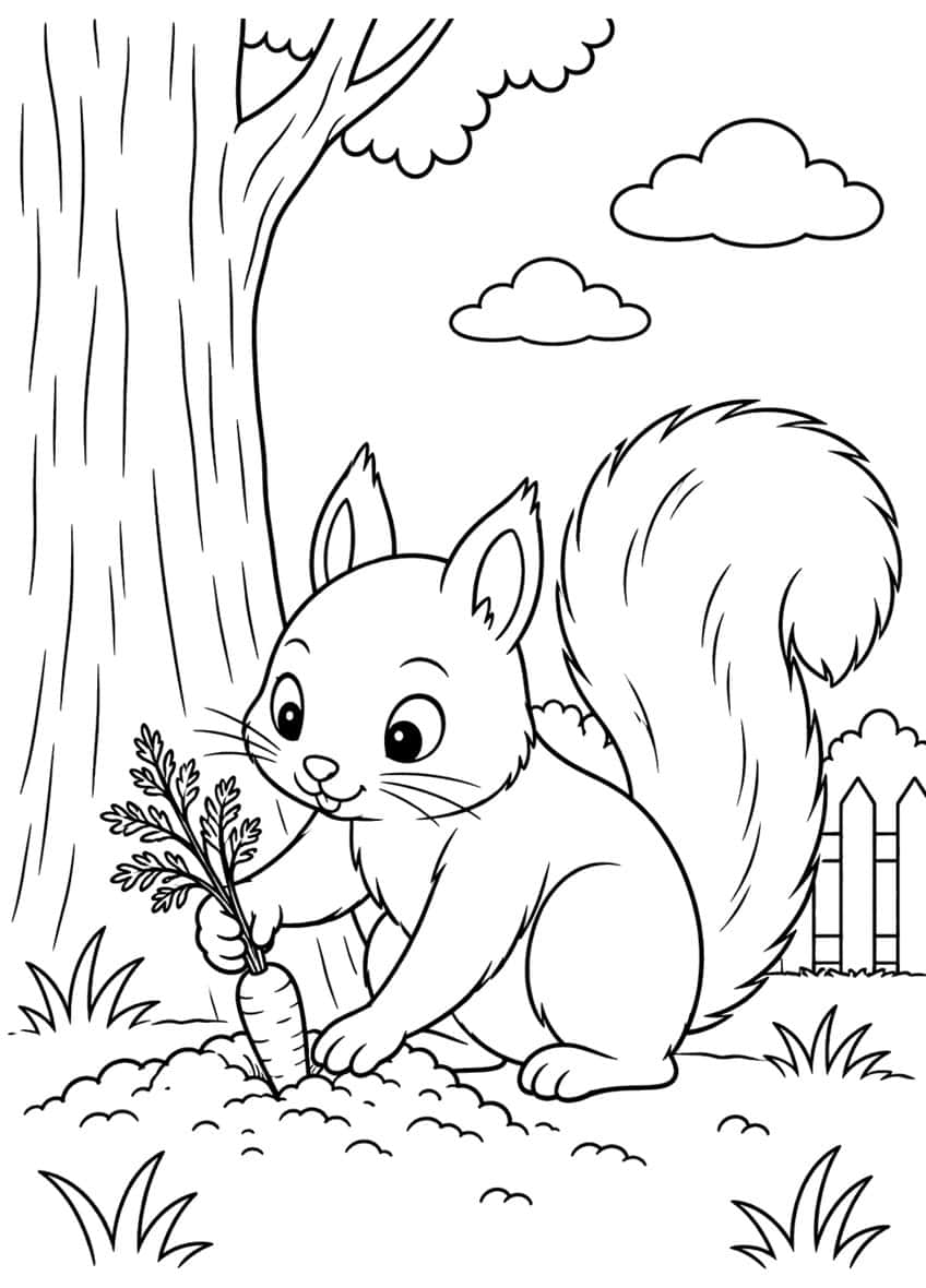 Squirrel with fluffy tail plants a carrot at the base of a tree