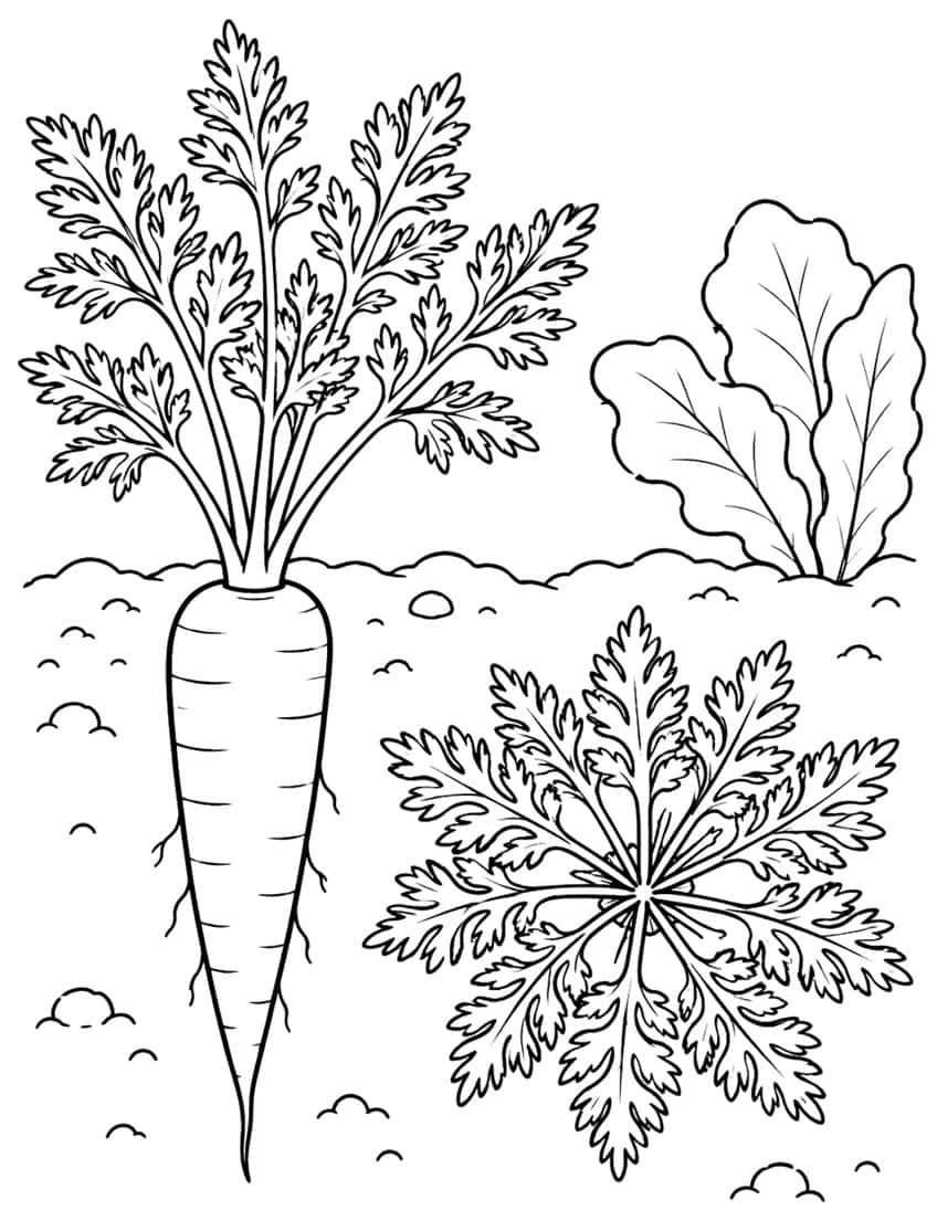 Carrot root beside an overhead view of its lacy leaf crown, leafy greens nearby