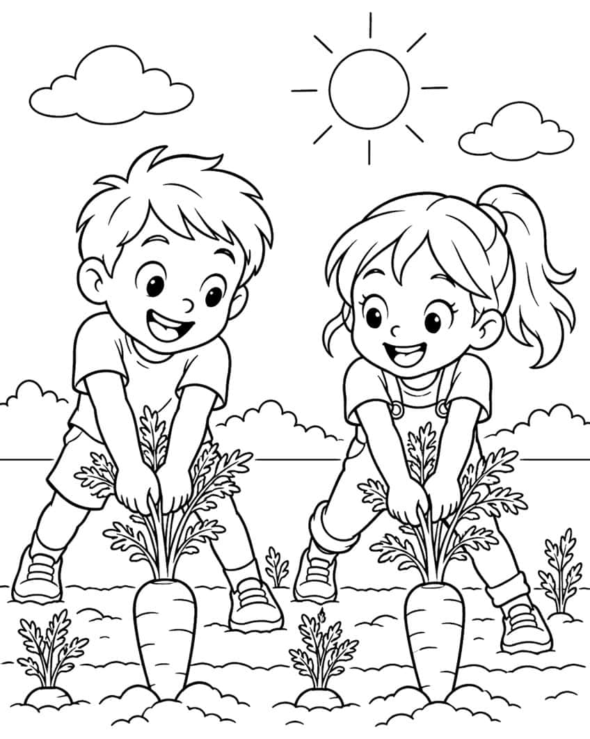 Boy and girl pulling carrots from the ground in a sunny garden
