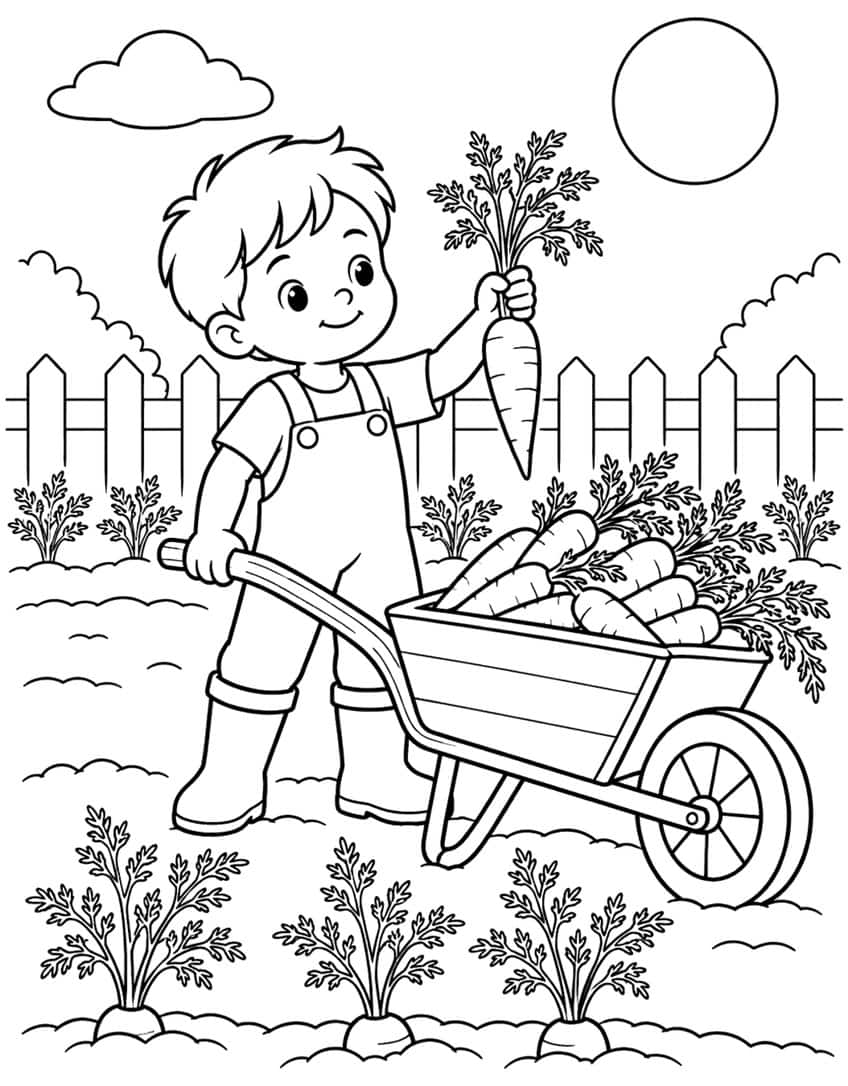 Boy holding a carrot beside a wheelbarrow full of carrots in a garden