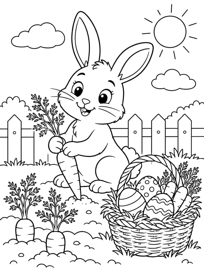 Rabbit with carrot, wicker basket of eggs and carrots, fence, sun
