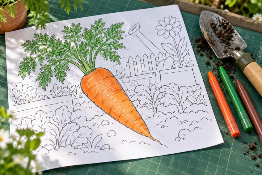 carrot coloring page partly colored in with pencils