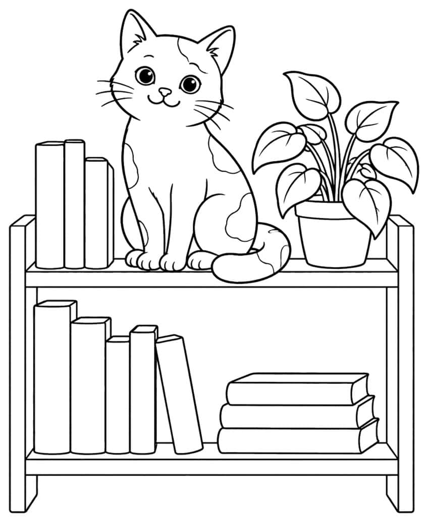 Coloring page of a cat on a bookshelf with books and a potted plant