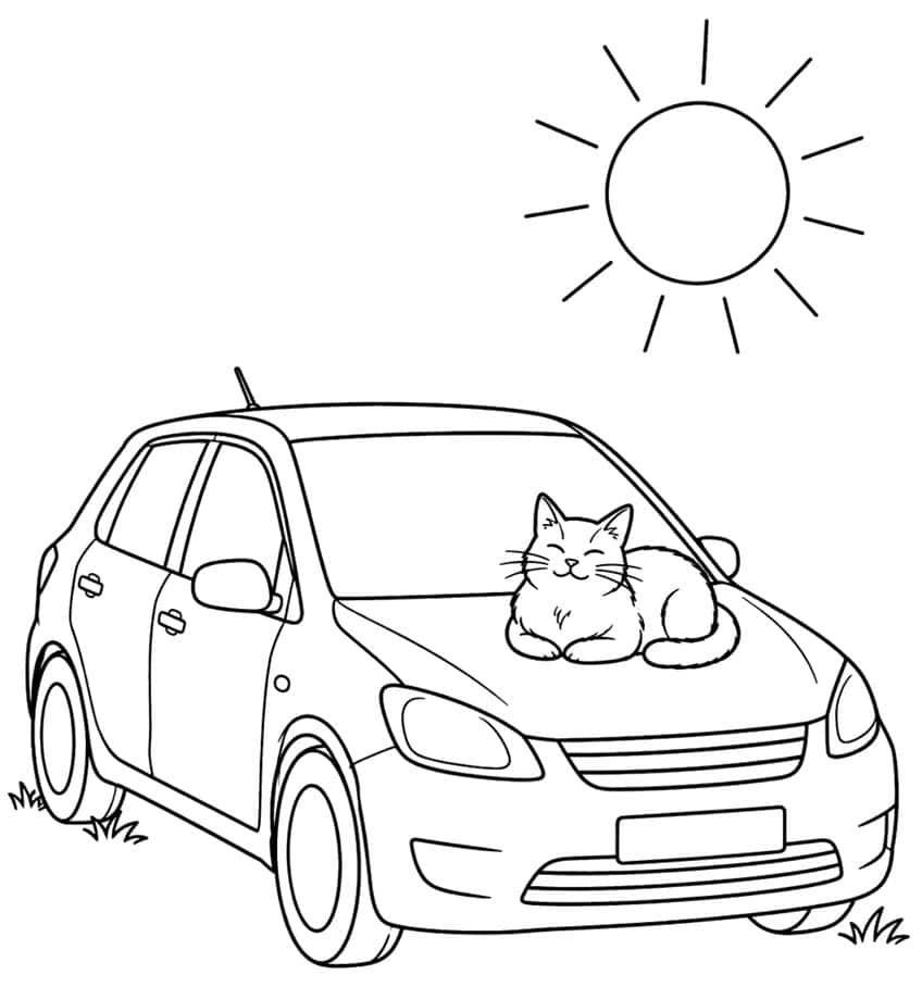 Coloring page of a cat sleeping on a car hood under the sun