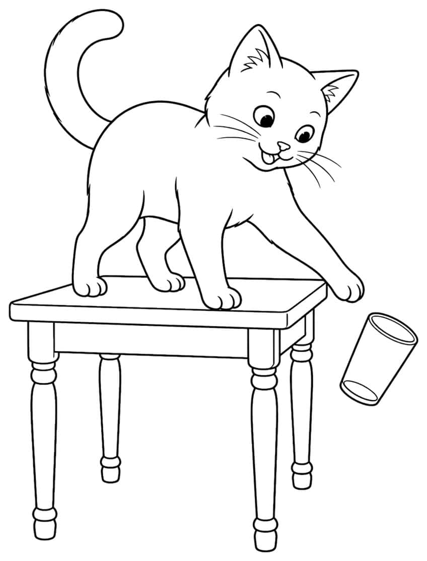 Coloring page of a kitten on a table pushing a glass off the edge