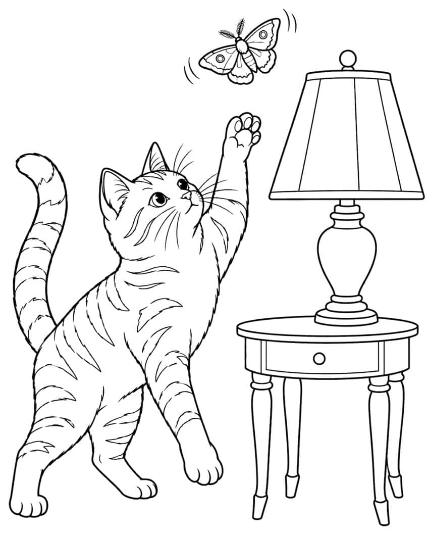 Line drawing of a cat reaching for a moth next to a table lamp