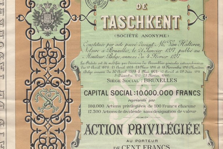 An ornate 1914 share certificate for the company that operated Tashkent’s tramways, with decorative borders and city imagery.