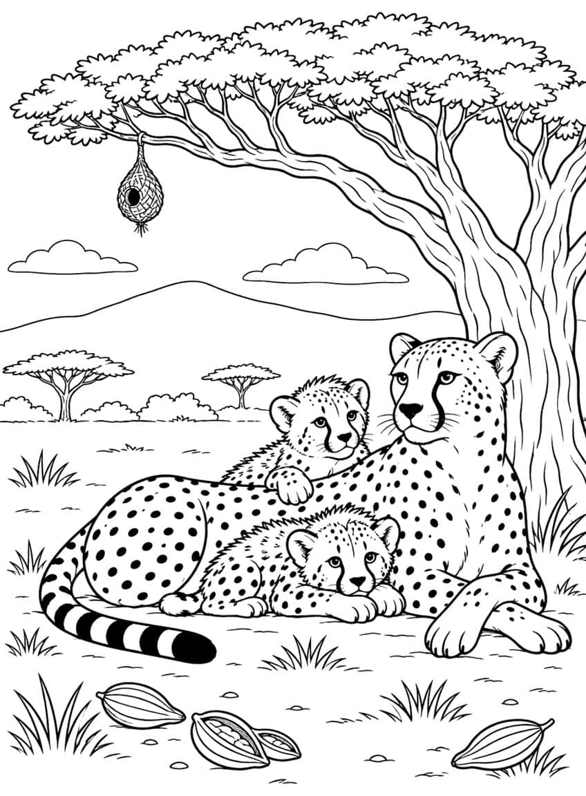 Cheetah with two cubs resting under an acacia tree with hanging nest
