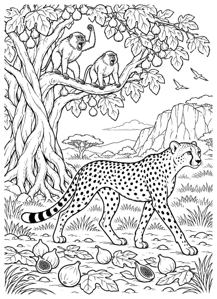 Cheetah walking under a fig tree with two baboons and scattered figs