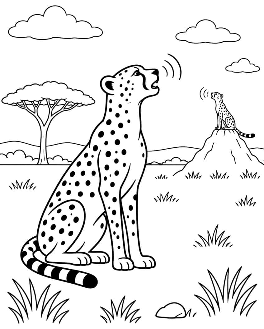 Two cheetahs calling to each other, acacia tree, clouds, savanna grass