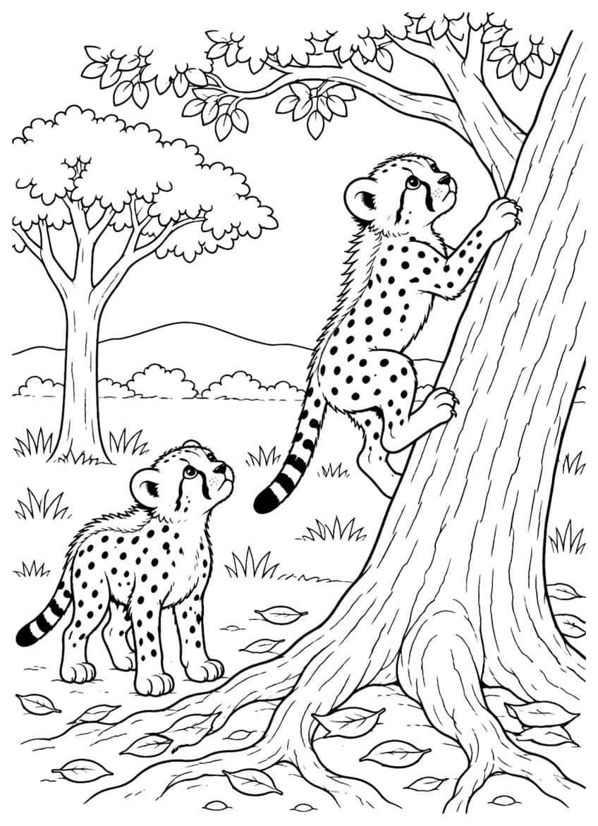 Cheetah cub climbing tree trunk, second cub watching from leaf-covered ground