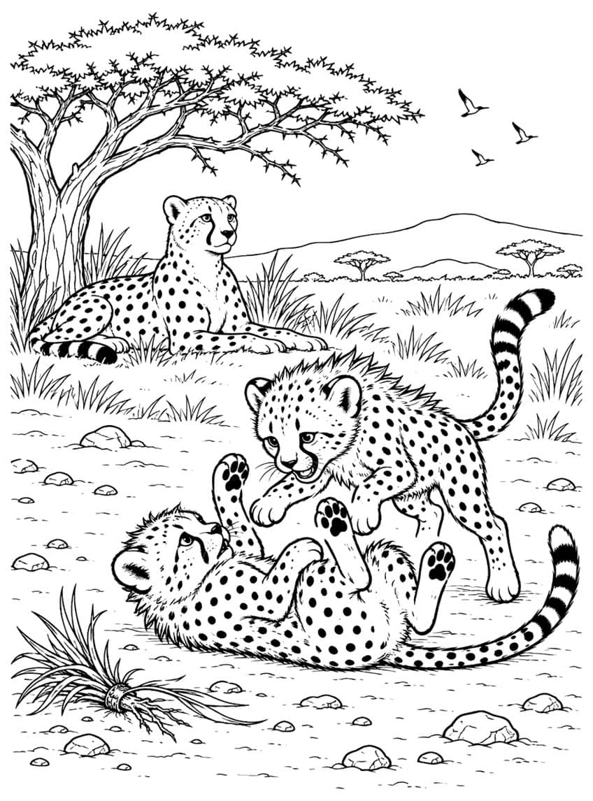 Two cheetah cubs wrestling on the ground near a resting mother cheetah under a tree
