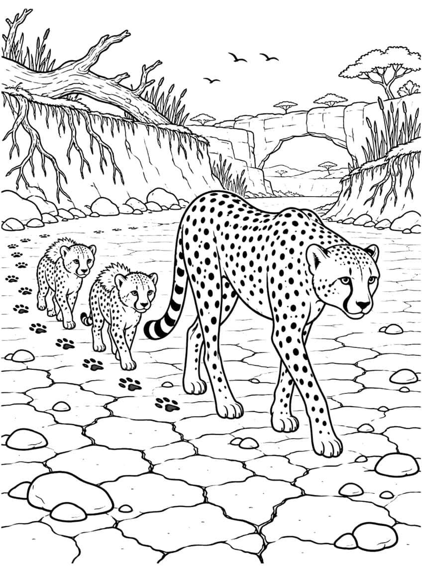 Cheetah with two cubs walking across cracked mud riverbed with paw prints