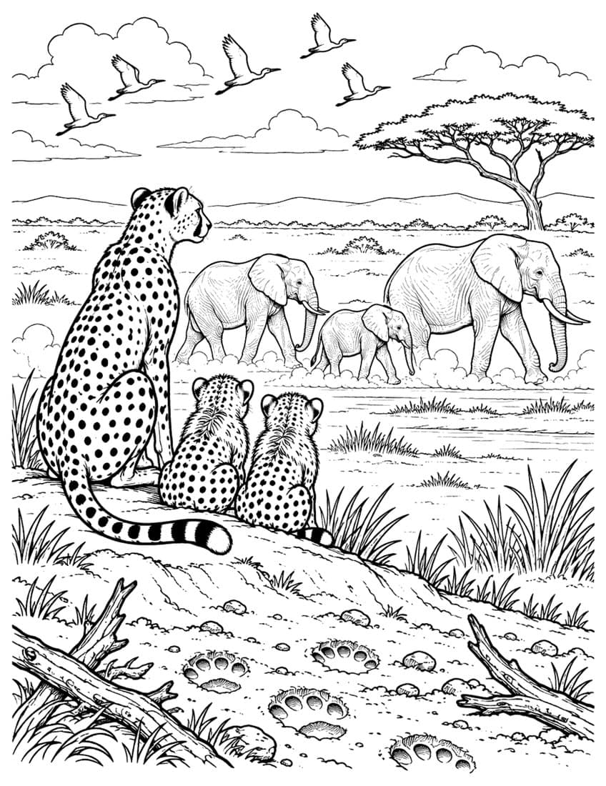 Cheetah and two cubs on a mound watching elephants and birds