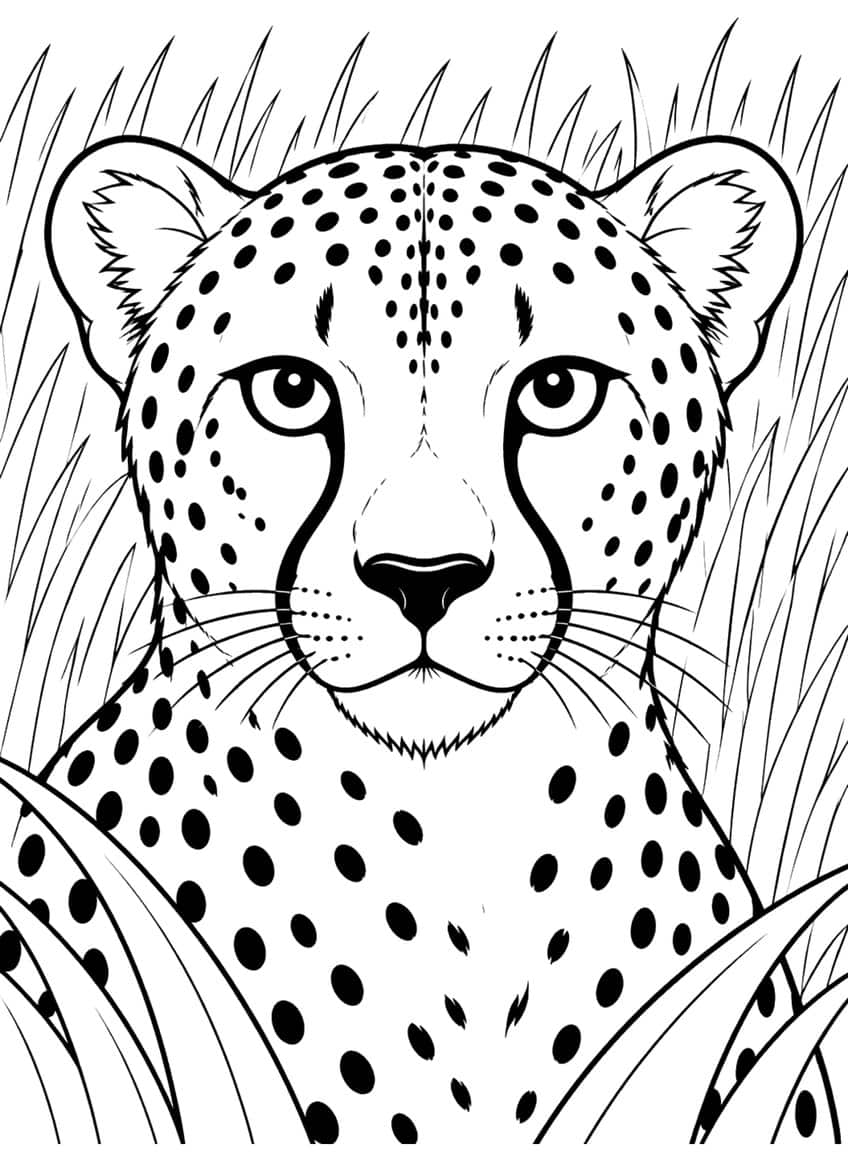 Cheetah face close-up with tear marks, whiskers, and spotted fur among tall grass