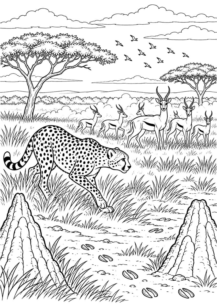 Cheetah stalking a herd of gazelles with acacia trees and termite mounds
