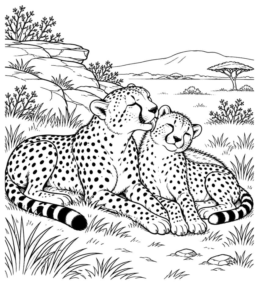 Adult cheetah grooming a cub while both lie in grass near rocks and a distant tree