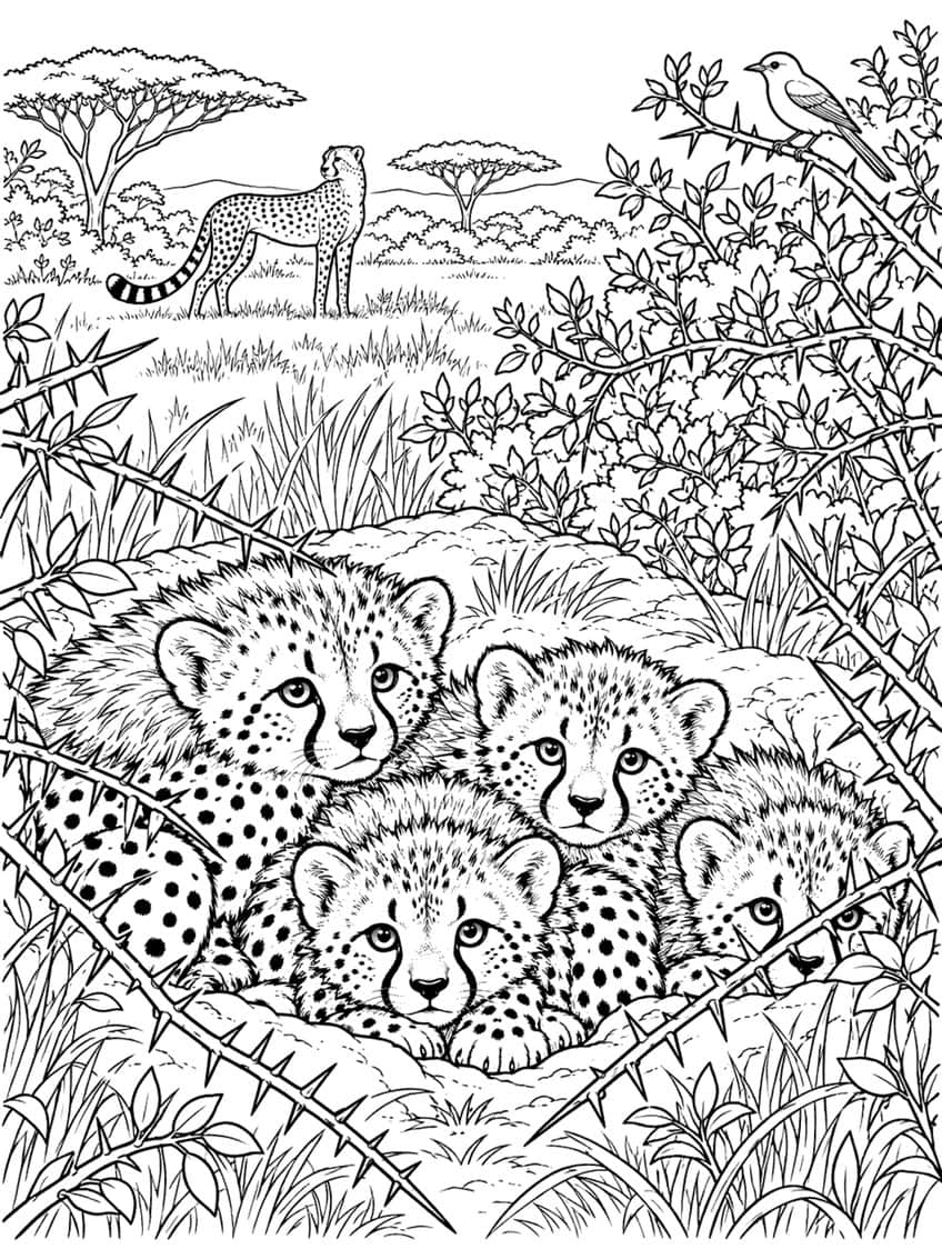 Four cheetah cubs hiding among thorn branches, adult cheetah and bird in background