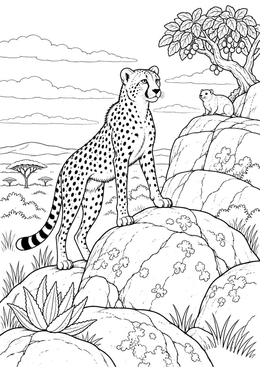 Cheetah on a boulder looking at a hyrax under a tree with aloe plant