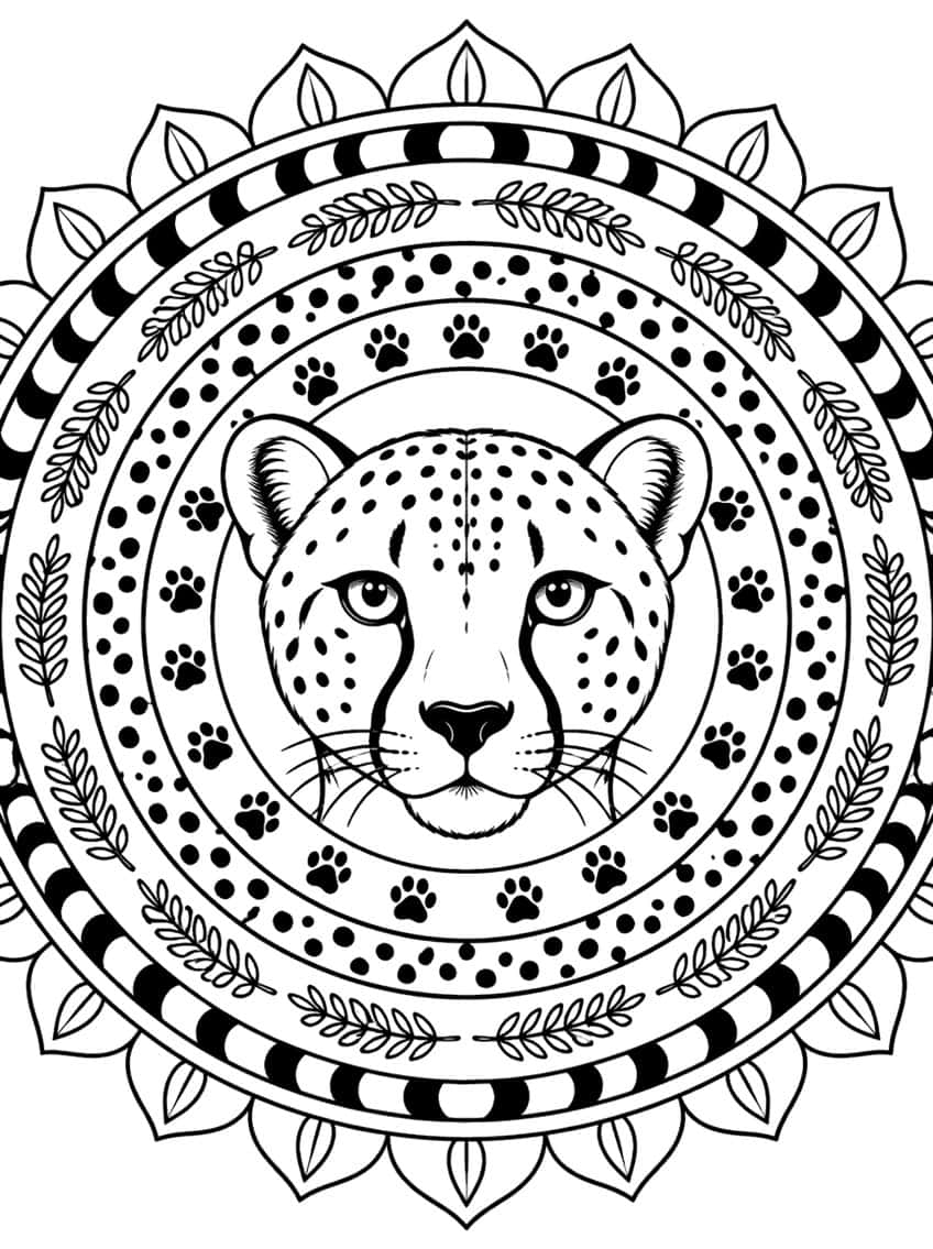 Cheetah head inside a mandala of paw prints, dots and petals