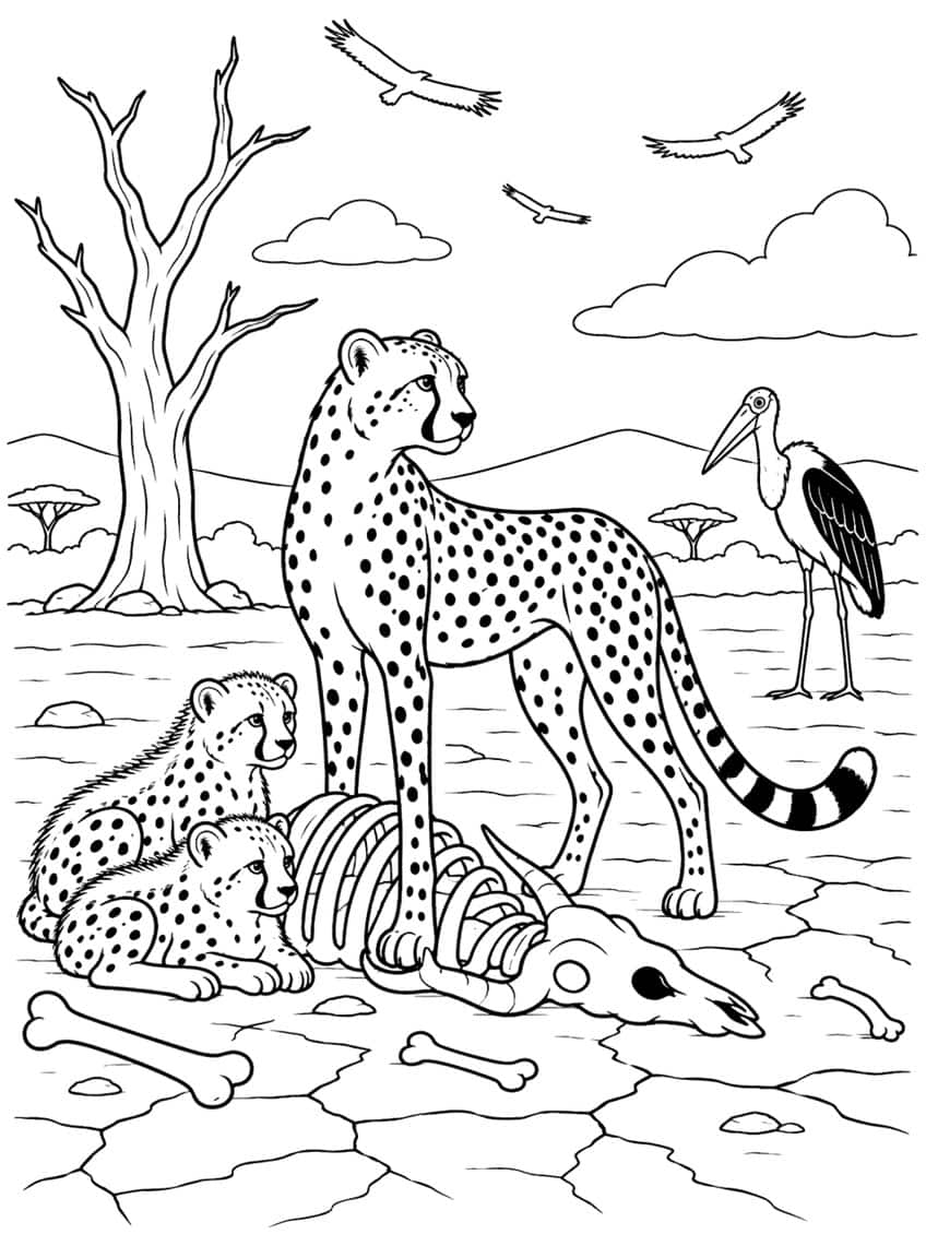 Cheetah with two cubs, animal skeleton, marabou stork, circling vultures, dead tree