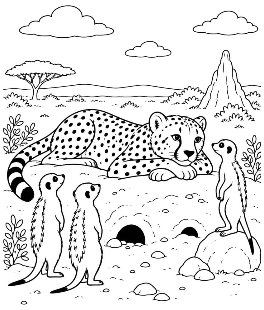 Reclining spotted cheetah surrounded by three standing meerkats near burrow holes