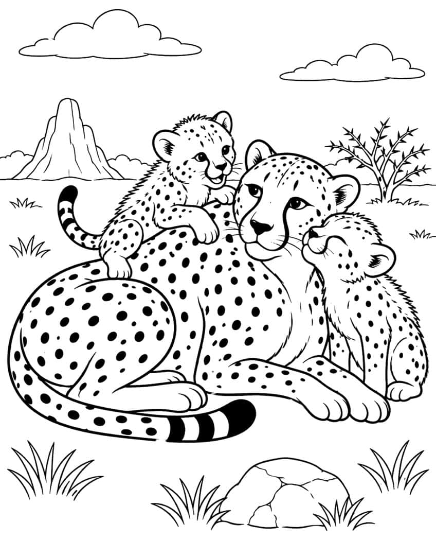 Mother cheetah lying down with two spotted cubs, mountain and tree behind