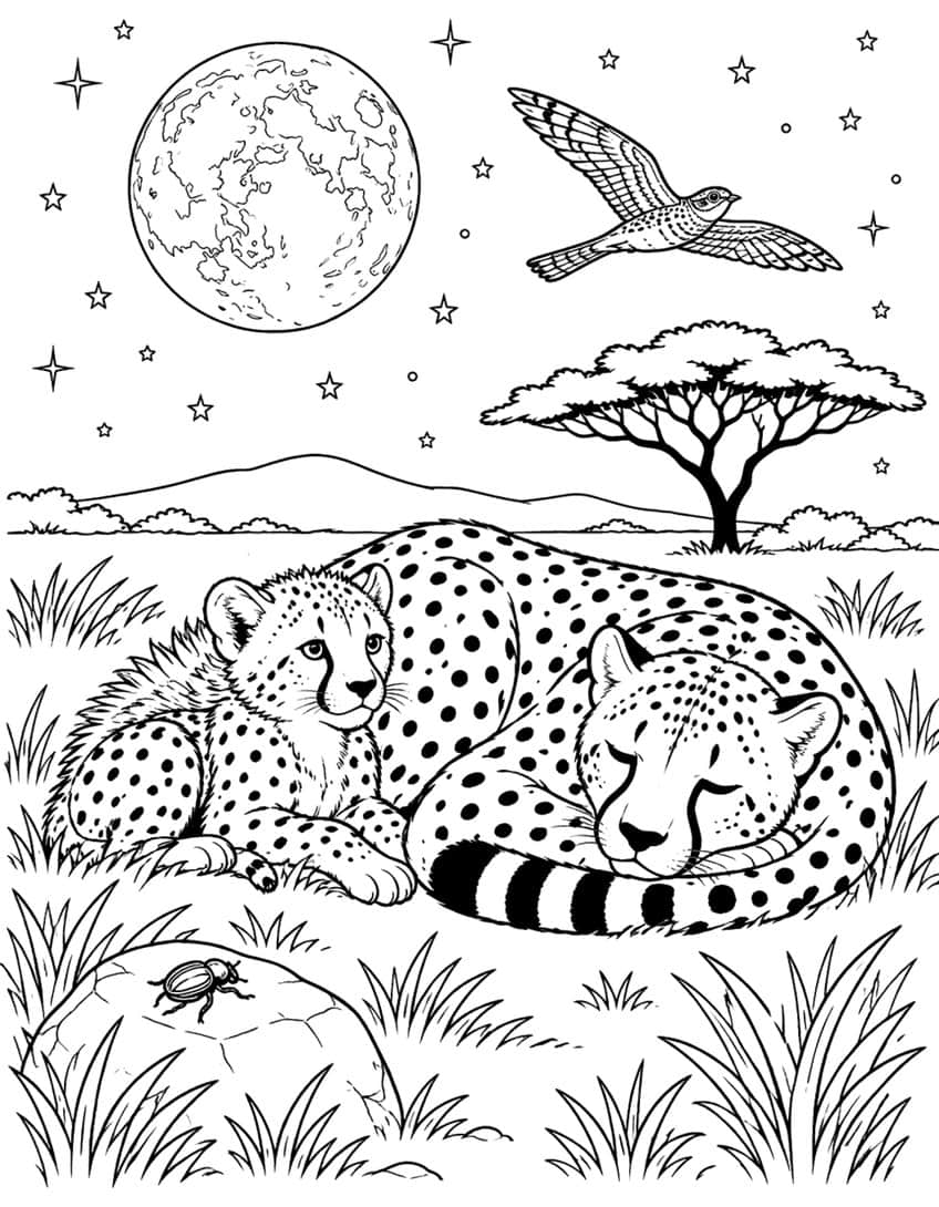 Two sleeping cheetahs, full moon, flying bird, beetle on rock, acacia tree