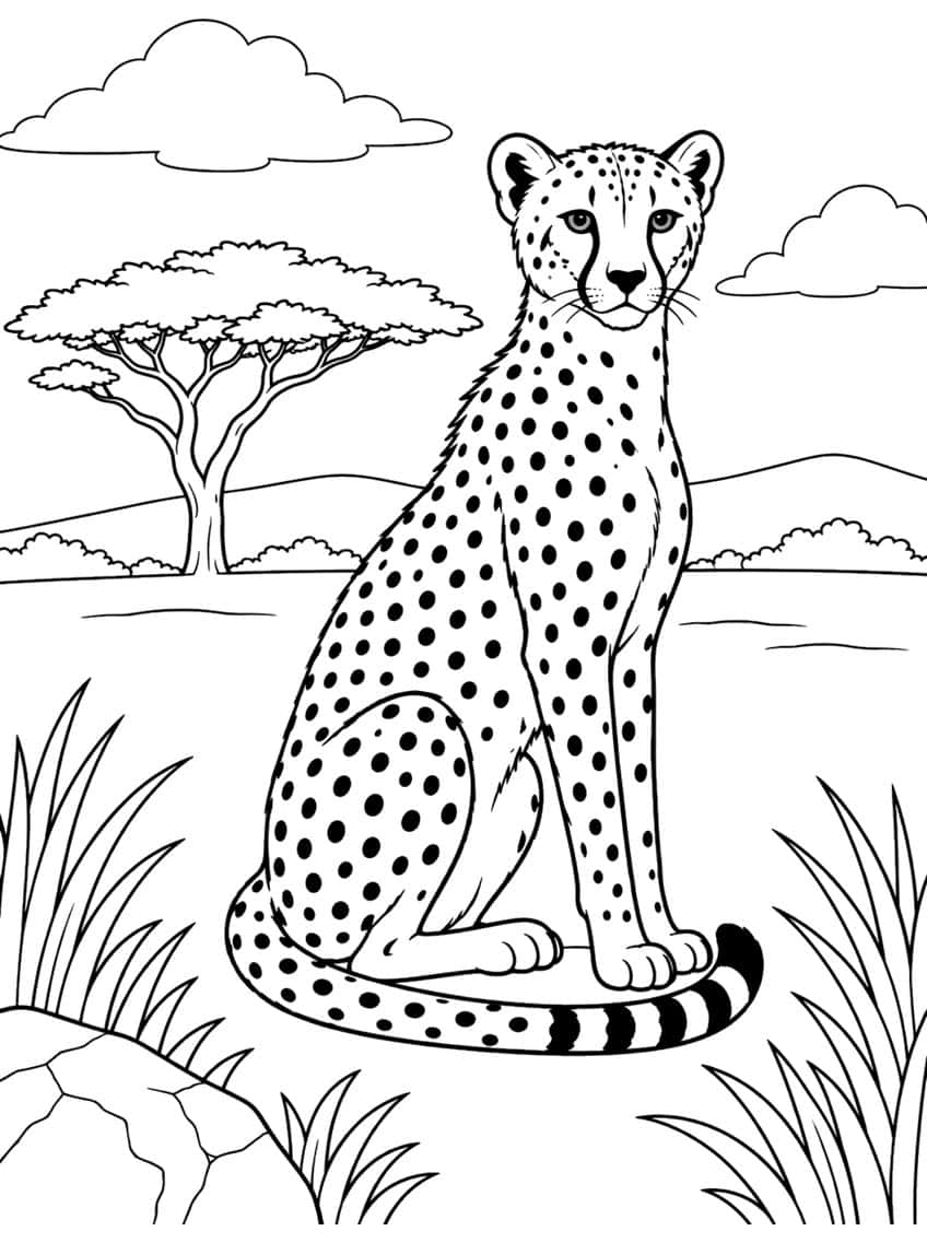 Cheetah sitting on savanna with acacia tree, clouds, and grass