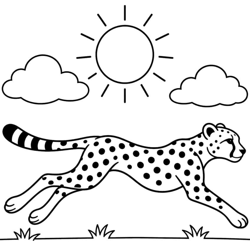 Cheetah running below a sun and two clouds, tufts of grass at the bottom