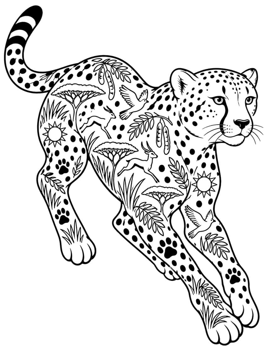 Cheetah outline filled with acacia trees, gazelles, birds and paw prints