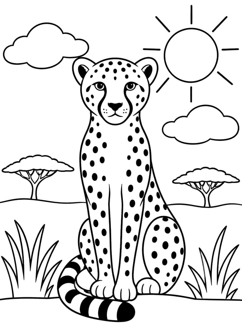 Cheetah sitting outline with sun, clouds, acacia trees and grass