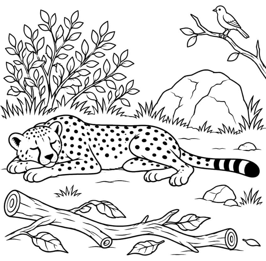 Sleeping cheetah, fallen log, bird on branch, rock and bush